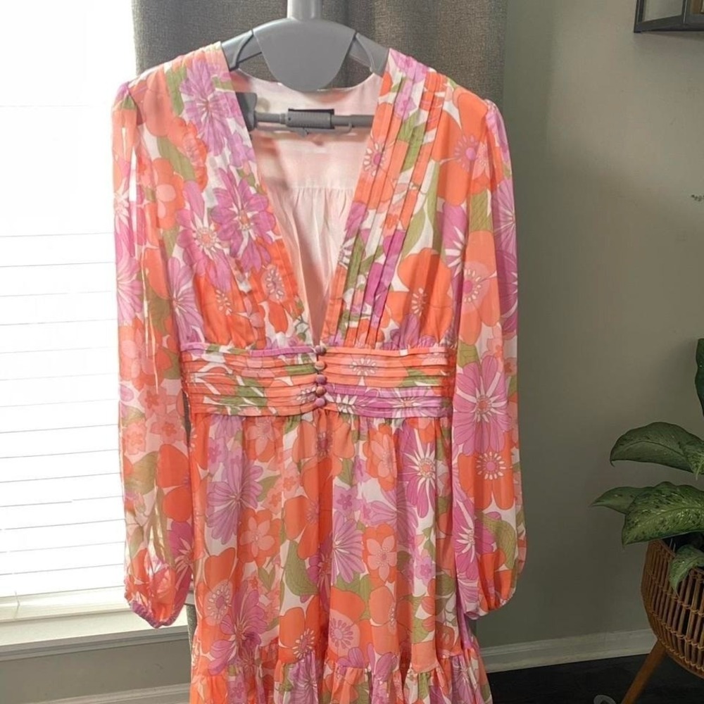 VICI Cottagecore‎ Coquette Floral Mini Dress Long Sleeve Plunge Ruffle Boho XS